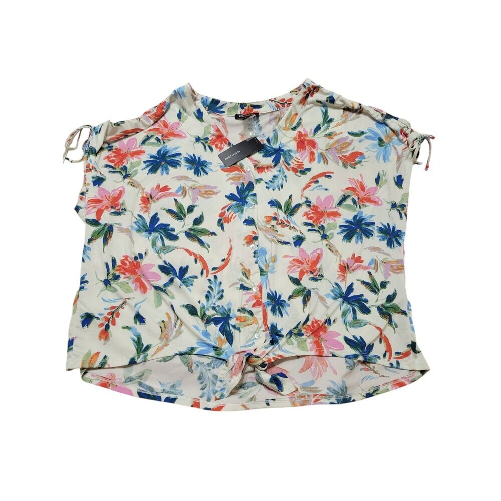 NWT Robert Louis 3X Red Blue Floral Button Tie Front Tie Sleeve Top Stretch   D2